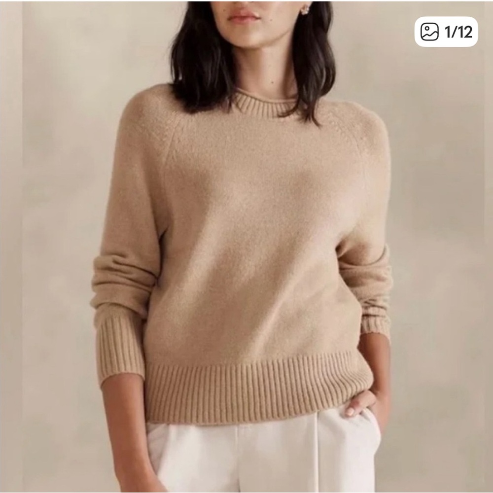 Magaschoni Women’s Tan Crewneck Sweater Soft Knit Minimalist Classic Size L